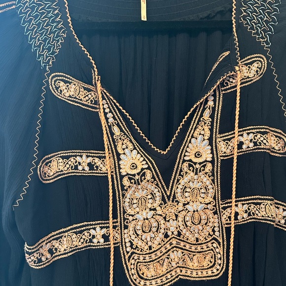 Free People Wind Willow Mini Dress Black Embroidered Boho Peasant Tunic Tassels - Picture 5 of 9